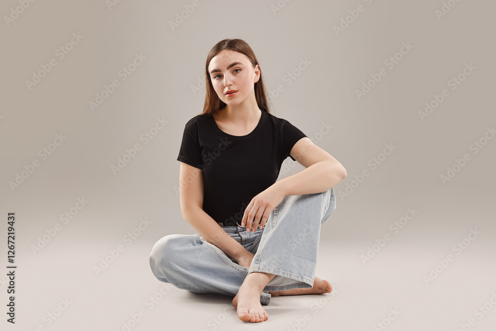 Beautiful young woman in stylish jeans on grey background Beautiful young woman in stylish jeans on grey background