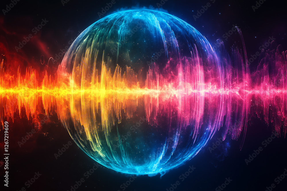 Obraz premium Spectral Resonance: A vibrant and ethereal sphere pulsates with energy, surrounded by a spectrum of colors radiating outwards, creating a mesmerizing symphony of light and movement. 