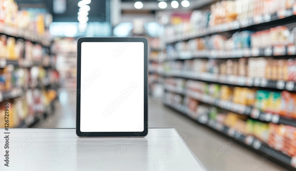 Tablet Display in Grocery Store Aisle: Blank Screen for Retail Advertising and Digital Marketing Strategies