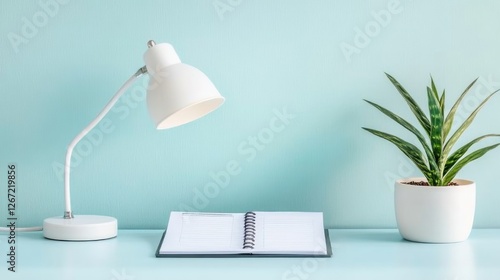 Wallpaper Mural A minimalistic office desk featuring a single desk lamp and an open planner on a soft blue background. Torontodigital.ca