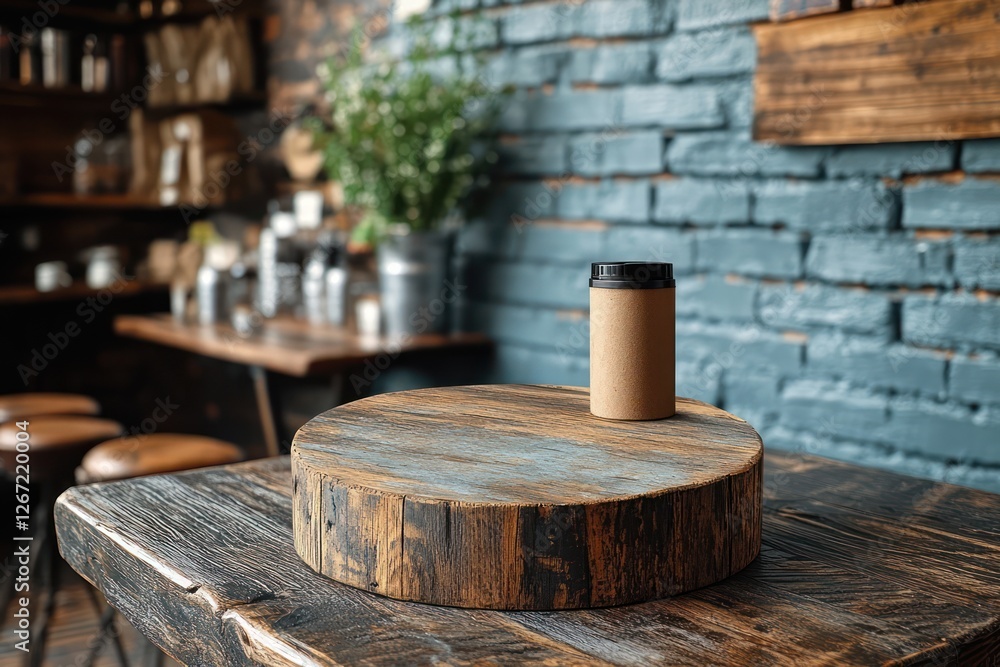 Rustic Cafe Mockup: Wooden Tabletop Display with Cardboard Container Rustic Cafe Mockup: Wooden Tabletop Display with Cardboard Container