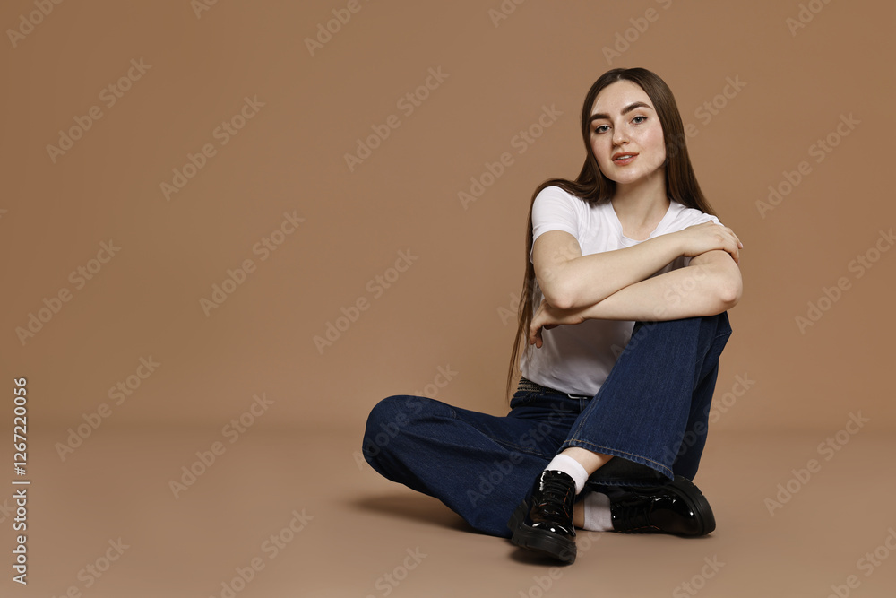 Woman in stylish jeans on brown background. Space for text Woman in stylish jeans on brown background. Space for text