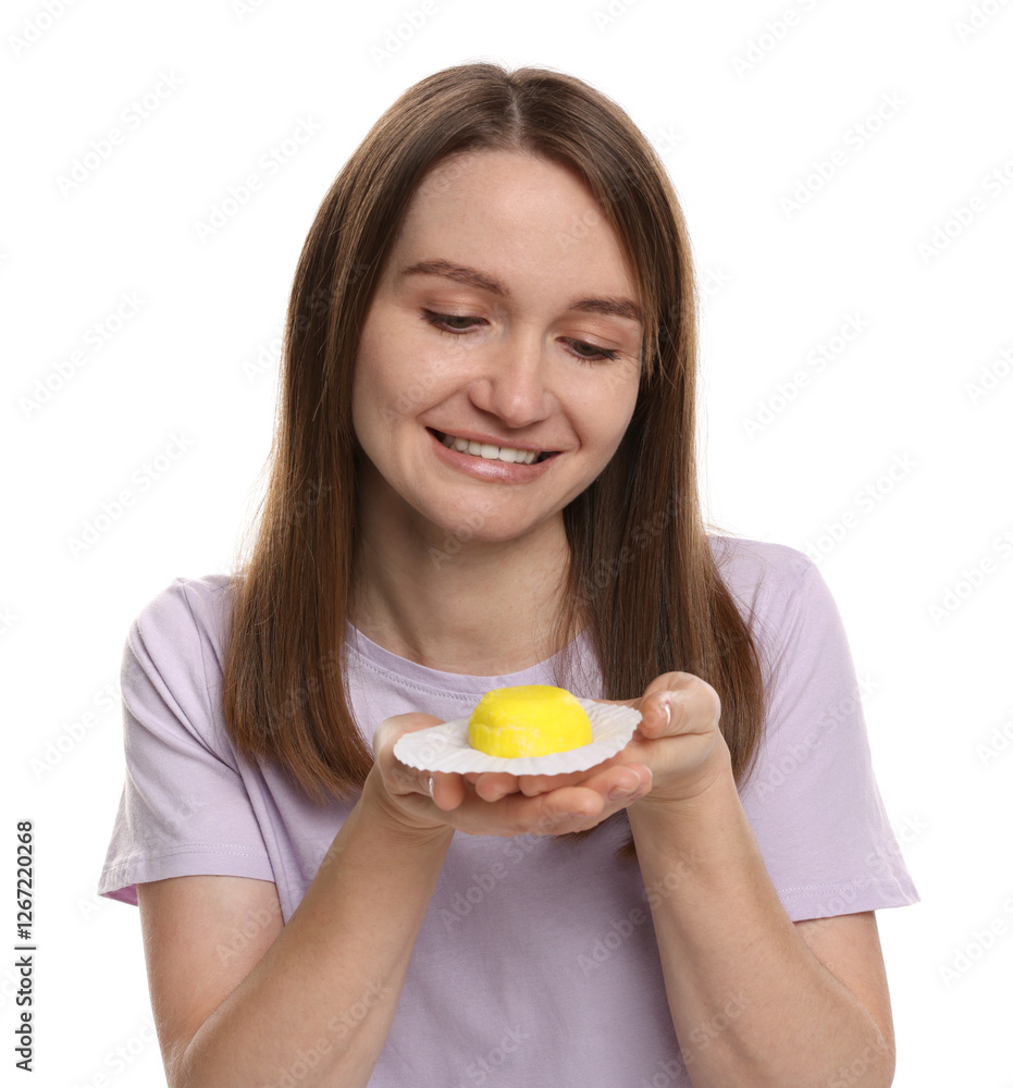 Woman with tasty mochi on white background Woman with tasty mochi on white background