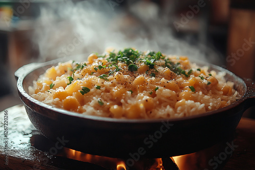 Steaming Pot of Rice and Golden Vegetables with Fresh Herb Garnish