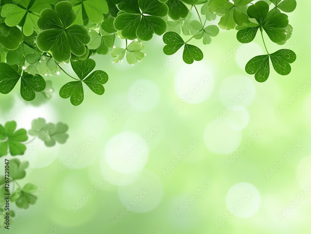 Lush green clovers with dew drops under soft bokeh background Lush green clovers with dew drops under soft bokeh background