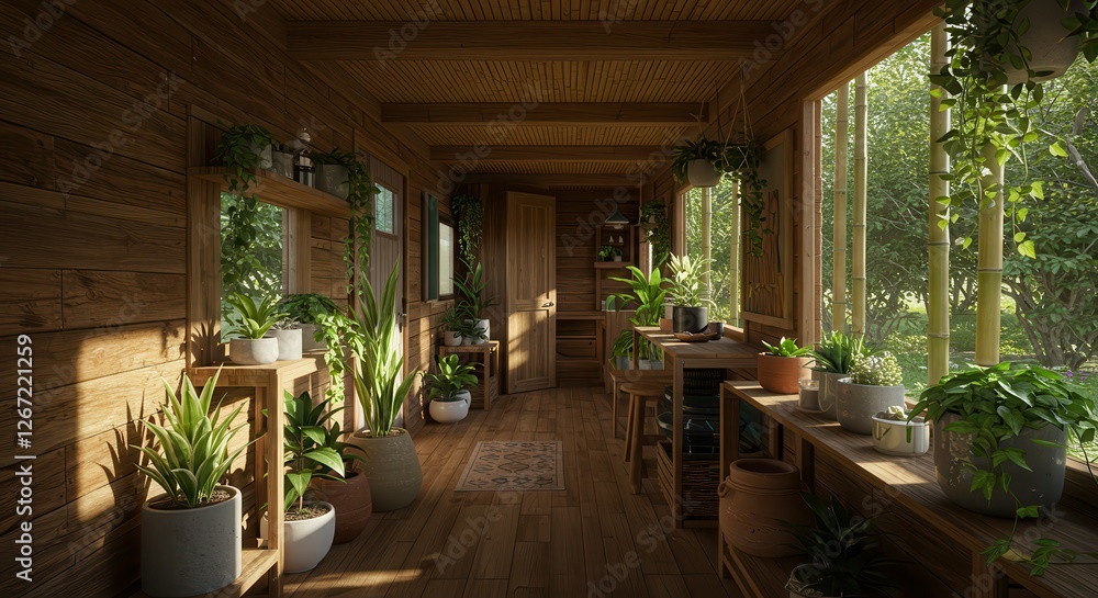 Fototapeta premium Indoor Greenhouse with Potted Plants and Wood Interior Design