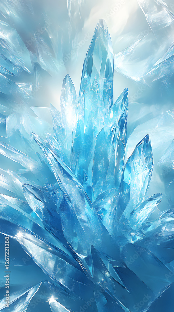 Obraz premium Large blue quartz crystal cluster with sharp edges and transparent structure. Natural mineral formation and geological beauty. Design for wallpaper, poster, and background