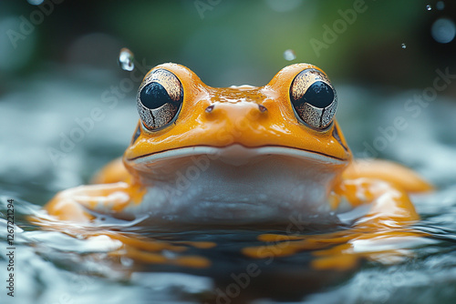Golden Amphibian Gaze, A Vibrant Frog's Aquatic Encounter with Water Drops
