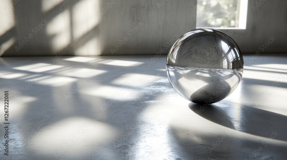 Silver Sphere Reflecting Light in Minimalist Room Silver Sphere Reflecting Light in Minimalist Room