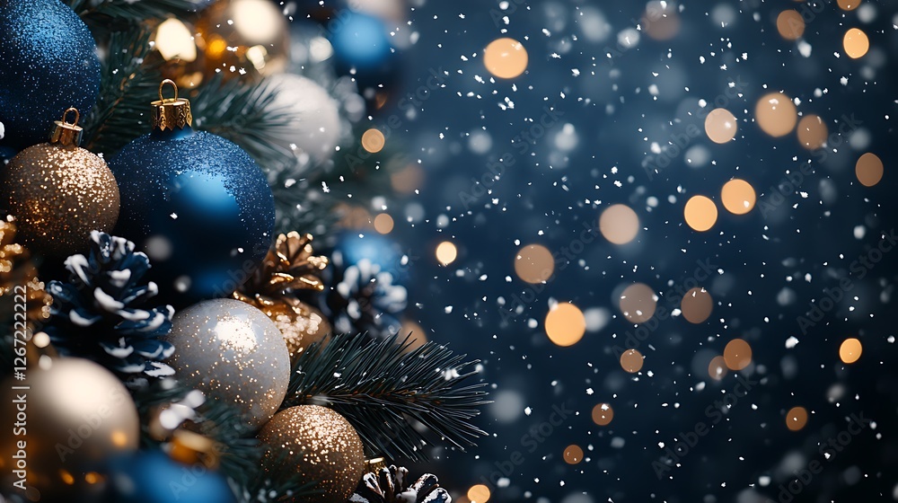 Blue and gold Christmas background with blue, white, and golden decorations. Blue and gold Christmas background with blue, white, and golden decorations.