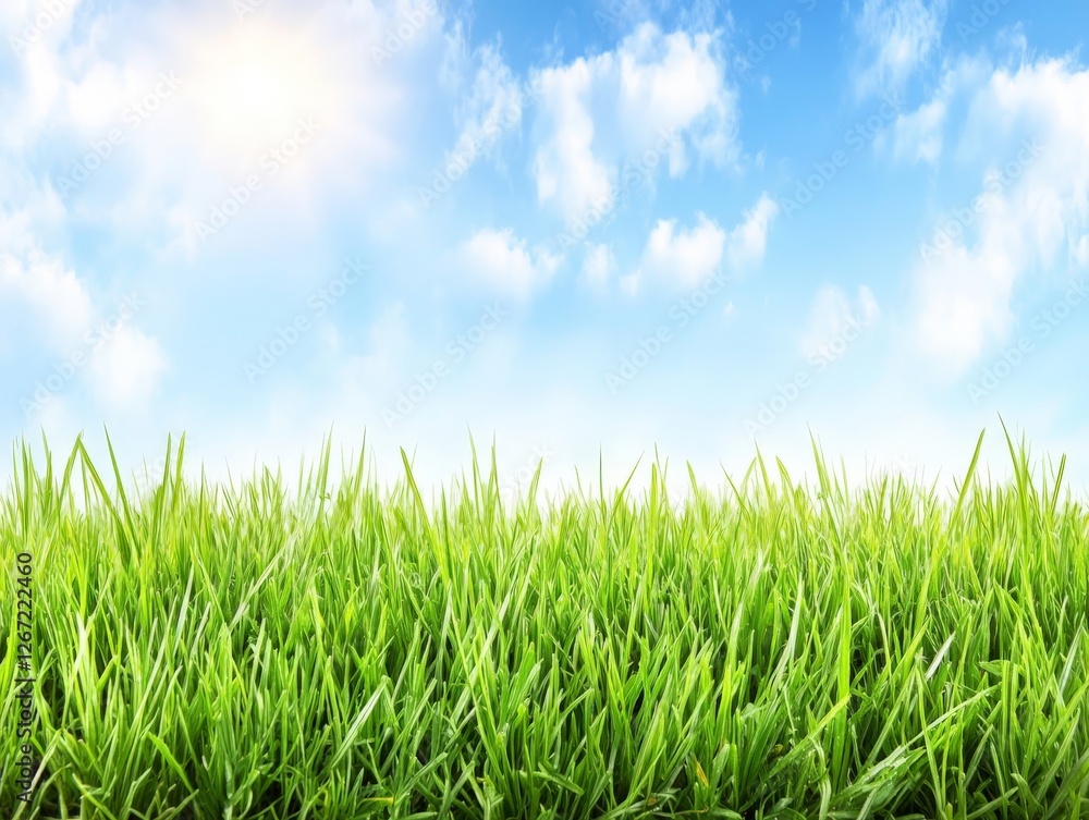 Fresh green grass with blue sky and white clouds symbolizing purity nature’s renewal and environmental harmony in vibrant landscape composition Fresh green grass with blue sky and white clouds symbolizing purity nature’s renewal and environmental harmony in vibrant landscape composition