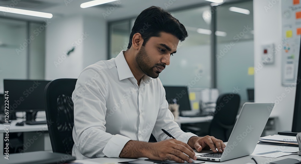 Obraz premium Productivity in the Office: Man Working on Laptop