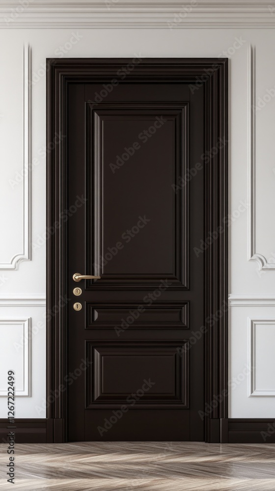 A minimalist black door stands elegantly against pristine white walls, accentuated by ornate moldings that enhance the sophisticated atmosphere of the room A minimalist black door stands elegantly against pristine white walls, accentuated by ornate moldings that enhance the sophisticated atmosphere of the room