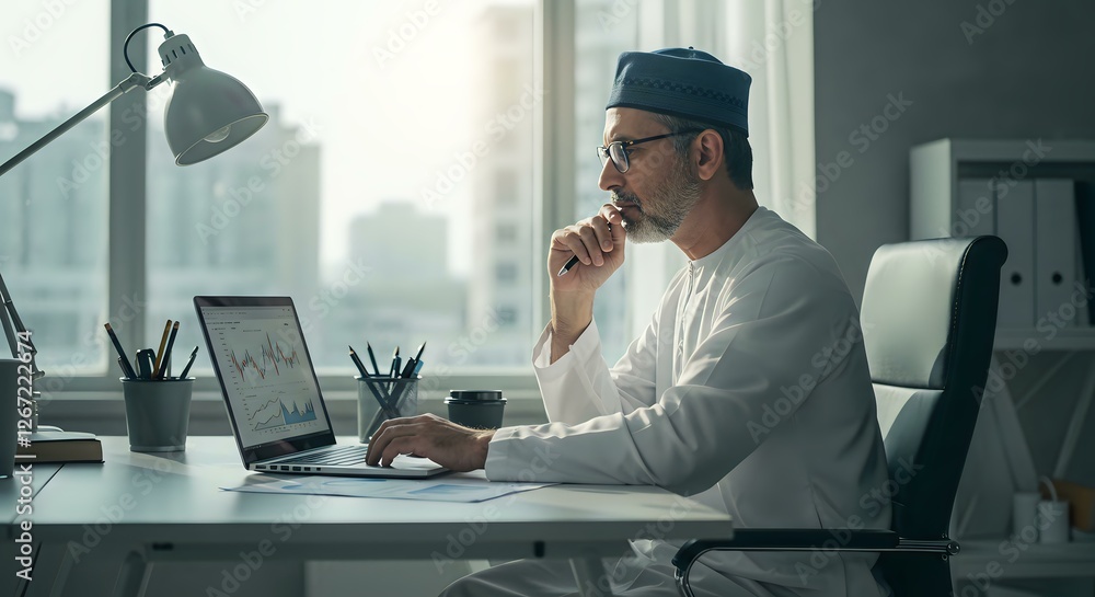 Mature Businessman in Traditional Attire Working on Laptop with