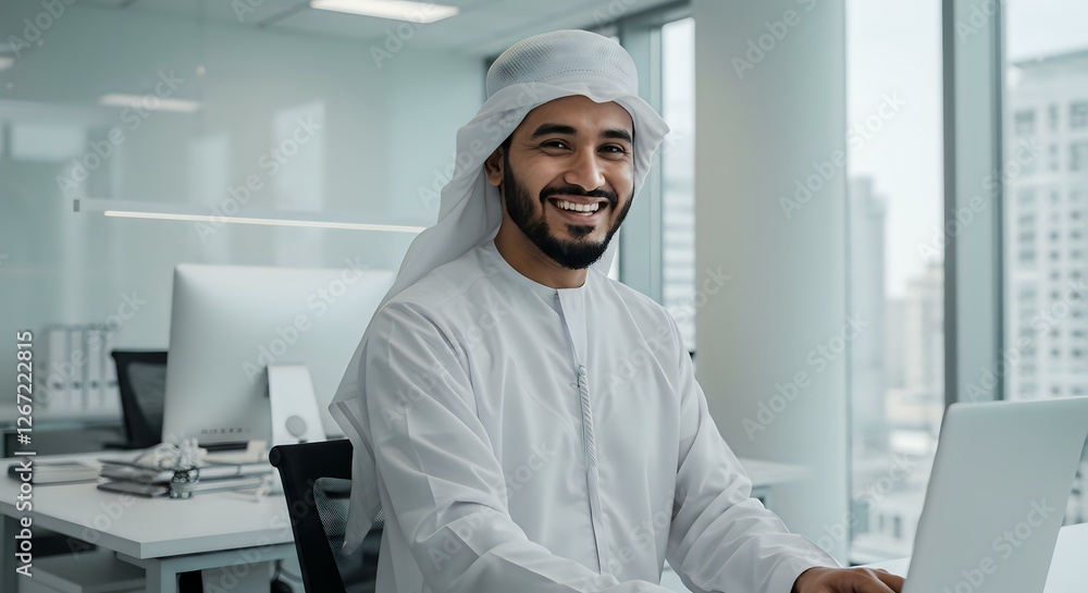 Emirati Businessman in Traditional Attire at Modern Office