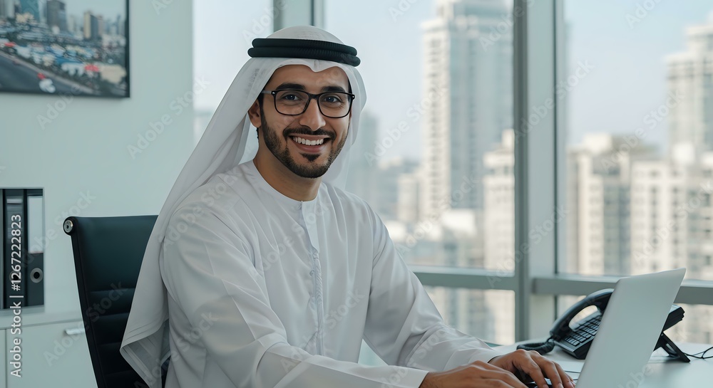 Emirati Businessman in Traditional Attire at Modern Office