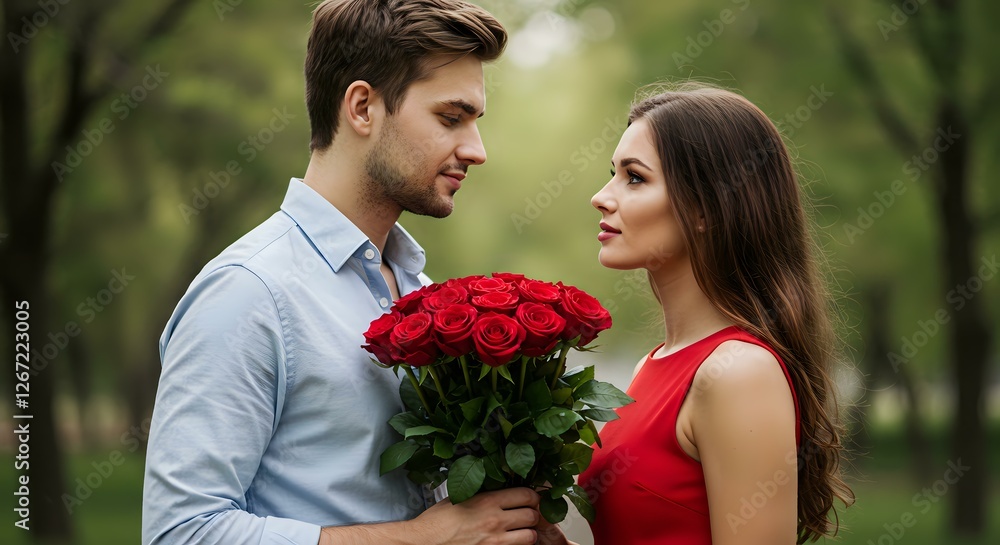 Romantic Couple with Red Roses in a Park