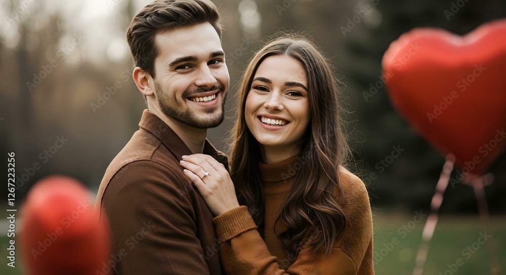 Romantic Couple in a Park with Heart Balloons