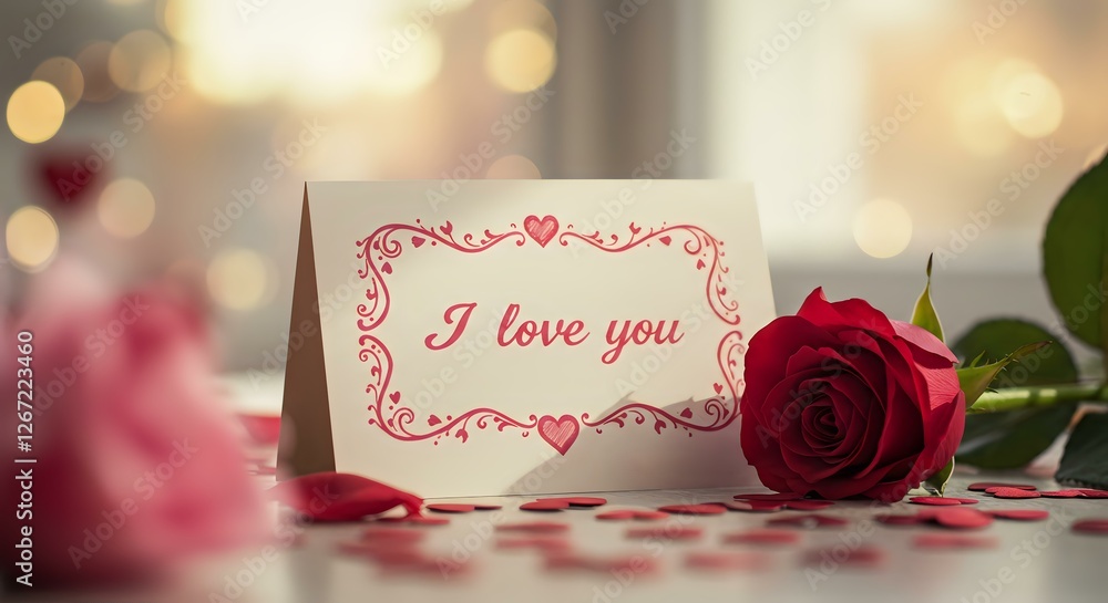 - "Romantic Love Card with Red Rose and Heart Designs