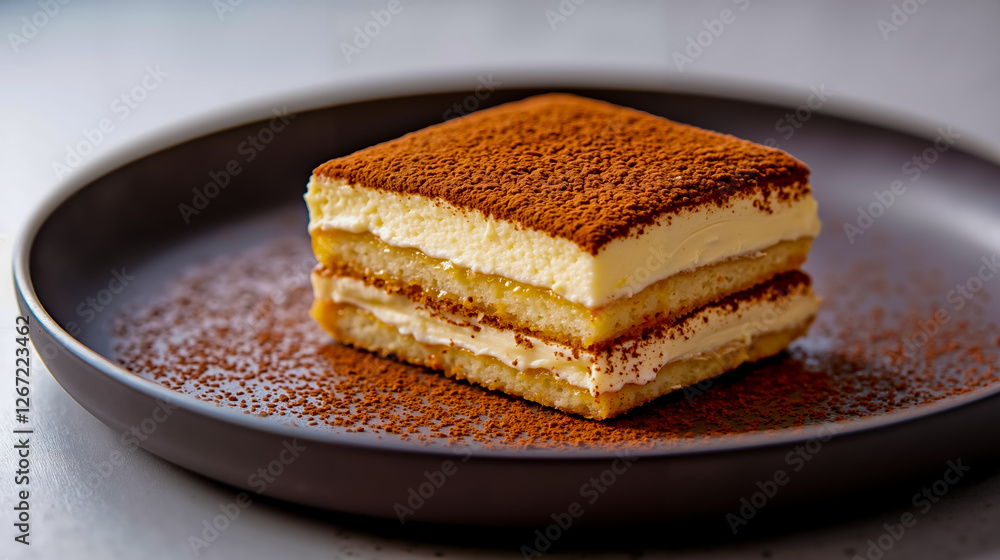 A piece of tiramisu on a plate on a table A piece of tiramisu on a plate on a table