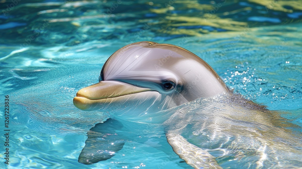 Obraz premium Dolphin swimming in turquoise water, marine park background, aquatic animal photo