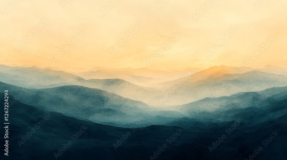 Obraz premium Misty mountain range under a golden ethereal glow