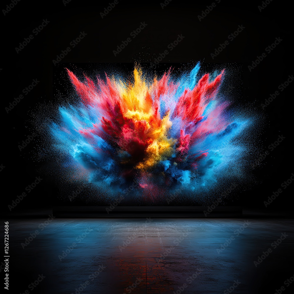 Fototapeta premium Visual Content Strategy Vibrant explosion of color against black background.