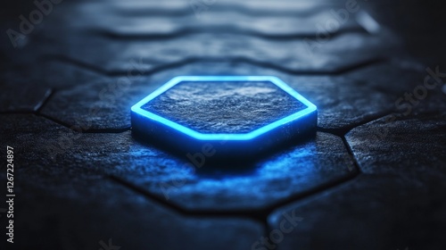 Illuminated pentagon on dark hexagonal tiles create an abstract background