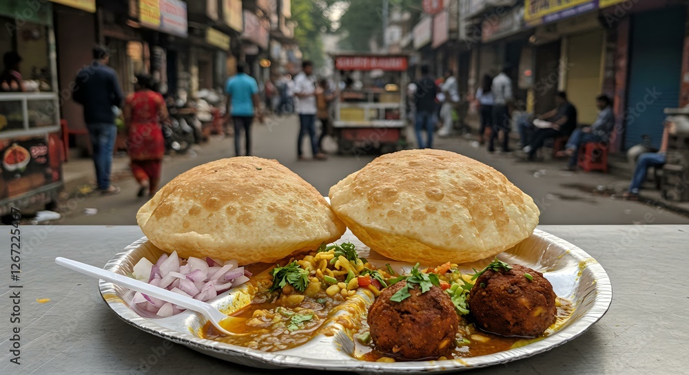 Street Food in India: A Plate of Bhatura with Chana Masala and Onion