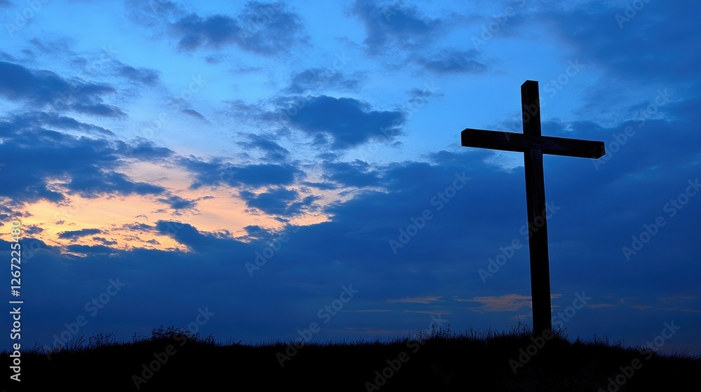 A rustic wooden cross standing alone on a hilltop against a dramatic twilight sky. A rustic wooden cross standing alone on a hilltop against a dramatic twilight sky.