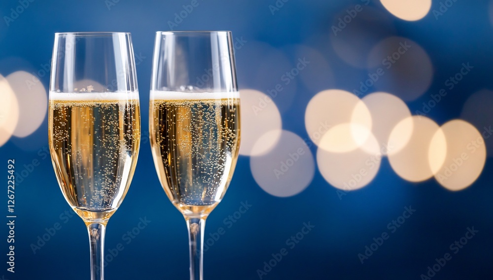 Two elegant champagne flutes filled with bubbly drink against a blurred blue background Two elegant champagne flutes filled with bubbly drink against a blurred blue background