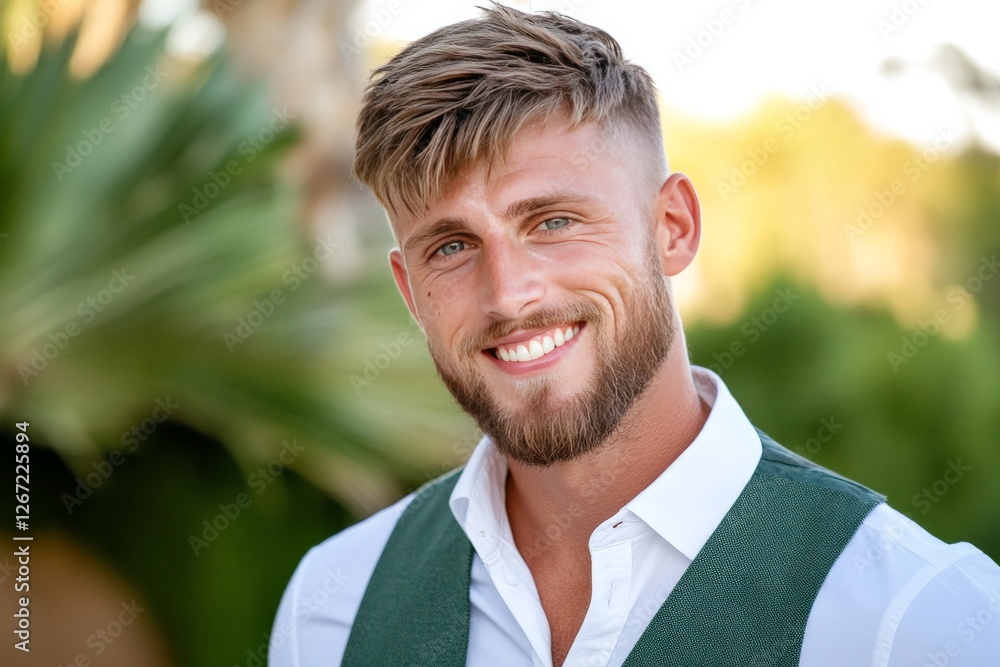 Handsome young man with bright smile in casual white shirt standing outdoors radiating charm confidence and approachability in a warm natural lifestyle portrait with soft focus greenery Handsome young man with bright smile in casual white shirt standing outdoors radiating charm confidence and approachability in a warm natural lifestyle portrait with soft focus greenery
