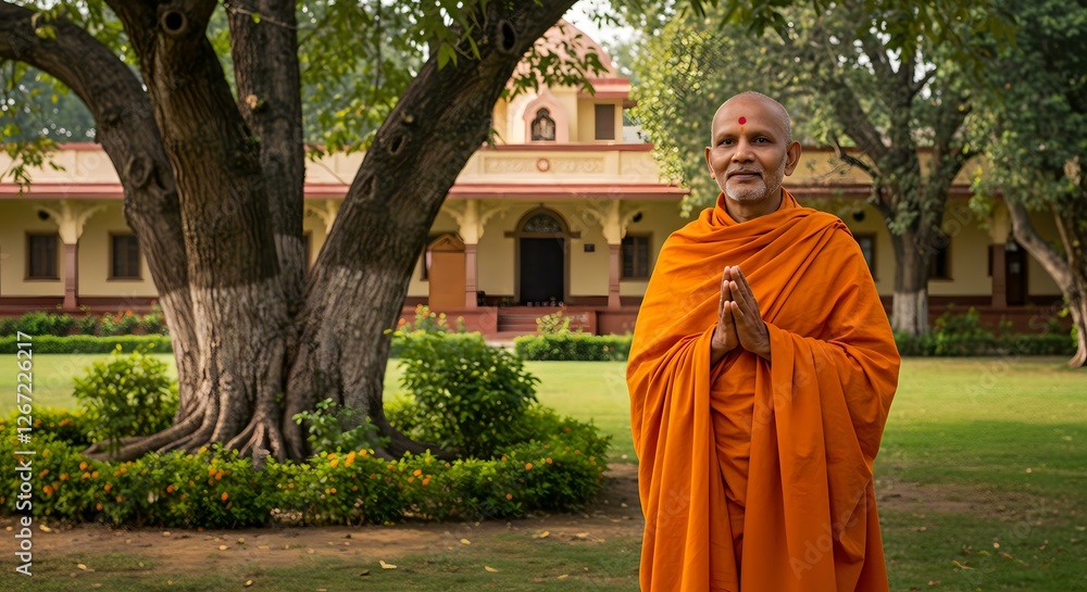 Monk in Orange Robe at Temple Complex