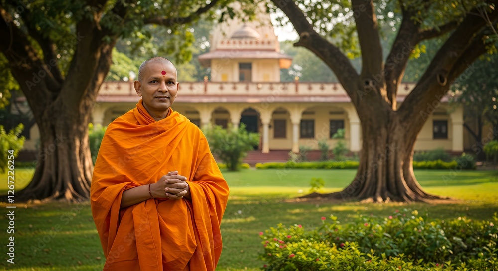 The monk's serene demeanor and the tranquil setting create a sense