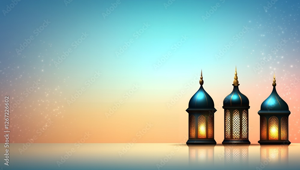 Fototapeta premium Elegant Teal Islamic Lanterns at Sunset Peaceful Ramadan Background