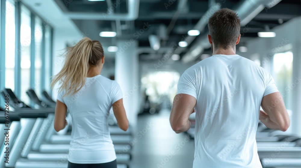 A couple jogging side by side in a modern gym, illustrating a shared commitment to fitness and wellness, surrounded by advanced exercise equipment. A couple jogging side by side in a modern gym, illustrating a shared commitment to fitness and wellness, surrounded by advanced exercise equipment.
