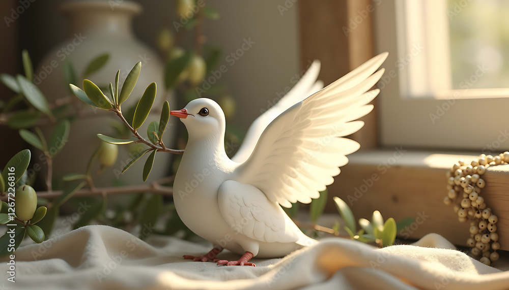 Fototapeta premium White dove perched on olive branch against soft background