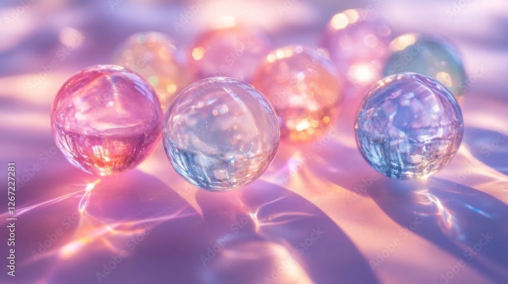 Glass marbles reflecting light on a soft shimmering surface Glass marbles reflecting light on a soft shimmering surface