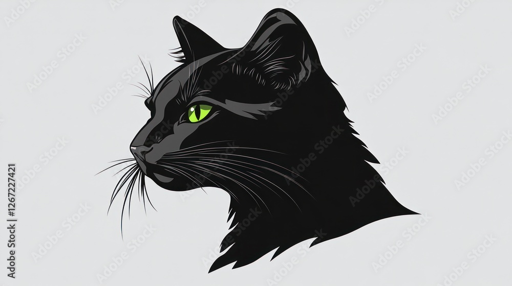 Obraz premium Black cat profile, green eyes, grey background, pet portrait, website graphic