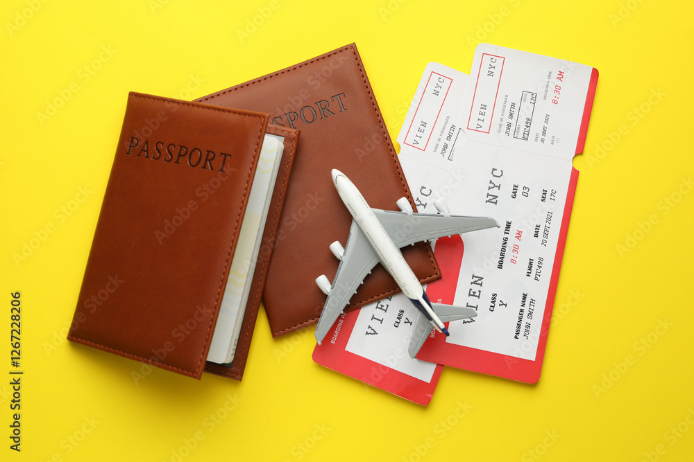Travel agency. Flight tickets, passports and plane model on yellow background, flat lay Travel agency. Flight tickets, passports and plane model on yellow background, flat lay