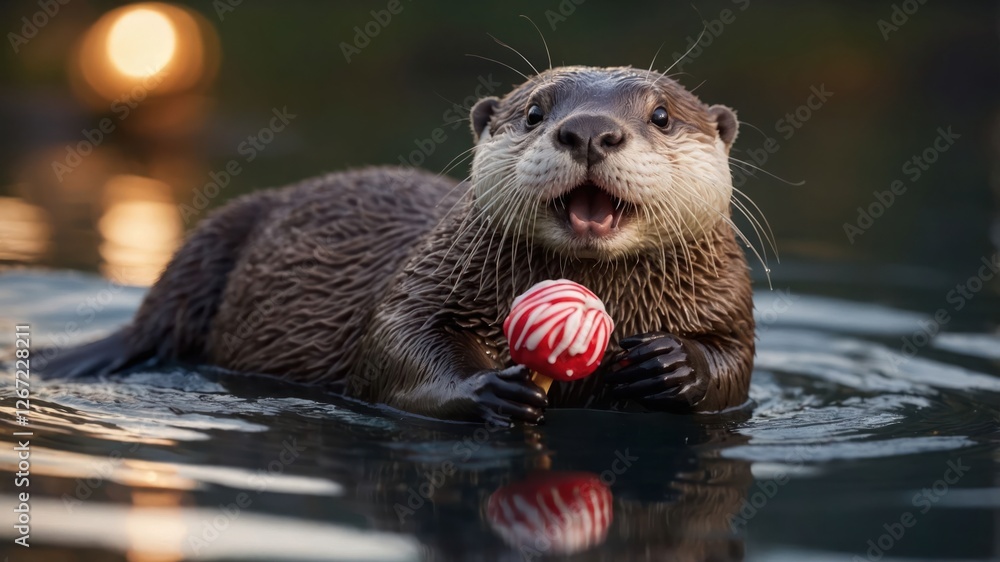An otter joyfully holds a red-and-white ball in a serene water setting. An otter joyfully holds a red-and-white ball in a serene water setting.