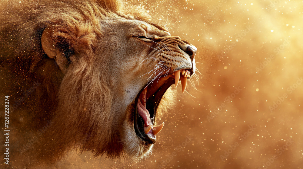 Fototapeta premium Majestic Lion Roaring Fiercely in the Golden Light of the Savanna at Sunset