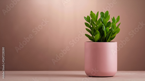 A pink pot with a green plant in it on a table photo