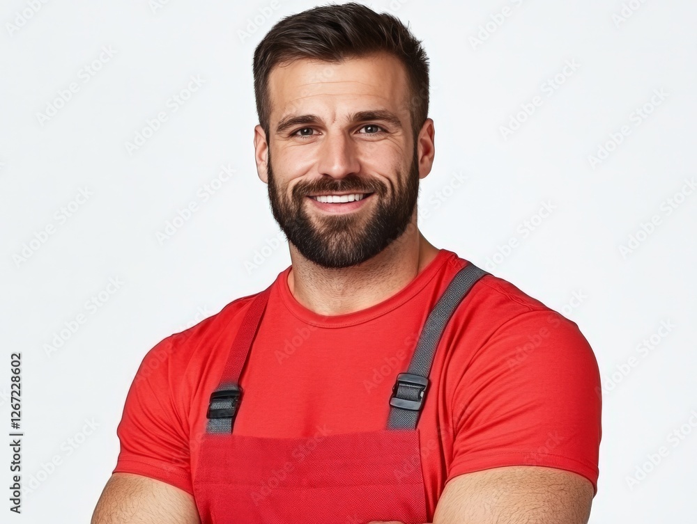 Muscular smiling handyman in red overalls standing confidently symbolizing strength reliability and expertise in professional craftsmanship and repair work Muscular smiling handyman in red overalls standing confidently symbolizing strength reliability and expertise in professional craftsmanship and repair work