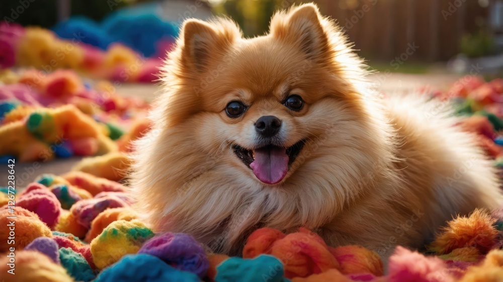 A cheerful Pomeranian dog resting on a colorful, fluffy surface outdoors. A cheerful Pomeranian dog resting on a colorful, fluffy surface outdoors.