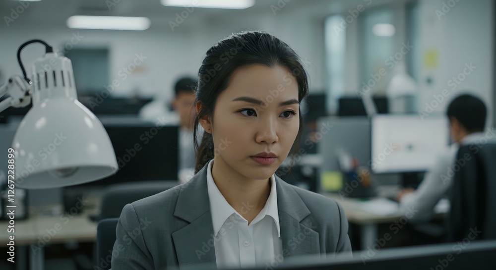 Focused Businesswoman in Suit at Desk in Busy Office