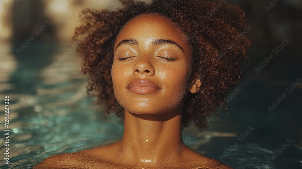 Fototapeta premium Woman with curly hair meditates in calming water pool