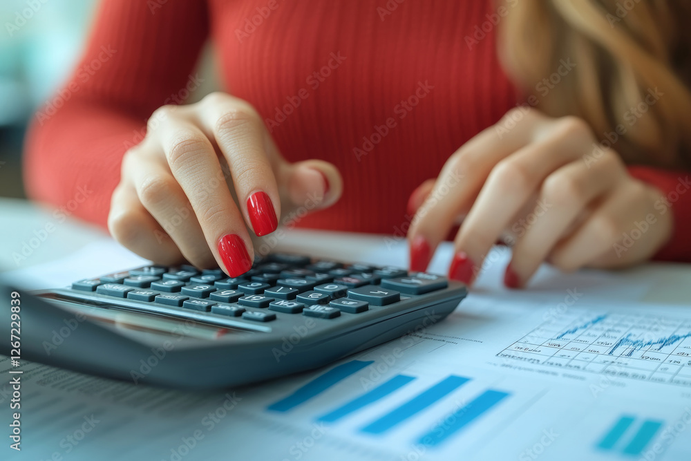 Woman Using Calculator to Analyze Financial Data With Documents on Workspace During Late Morning Hours Woman Using Calculator to Analyze Financial Data With Documents on Workspace During Late Morning Hours