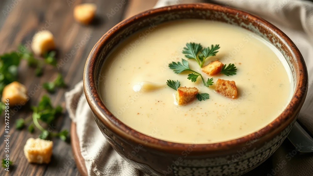 Creamy cauliflower soup in a rustic bowl with parsley and croutons, warm, parsley, soup Creamy cauliflower soup in a rustic bowl with parsley and croutons, warm, parsley, soup