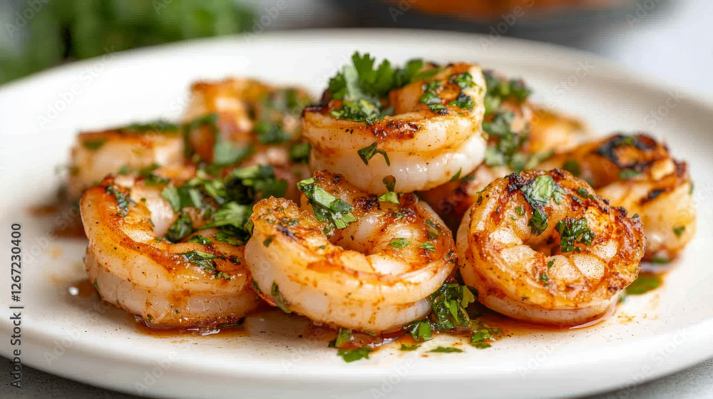 Grilled Shrimp Garnished With Fresh Herbs on a White Plate Ready for Serving at a Summer Gathering Grilled Shrimp Garnished With Fresh Herbs on a White Plate Ready for Serving at a Summer Gathering